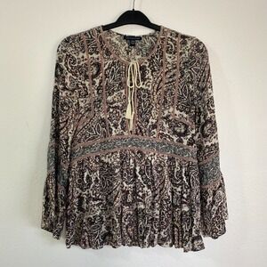 American Eagle Peasant Womens Blouse Tunic Size S/P Paisley Keyhole Long Sleeve